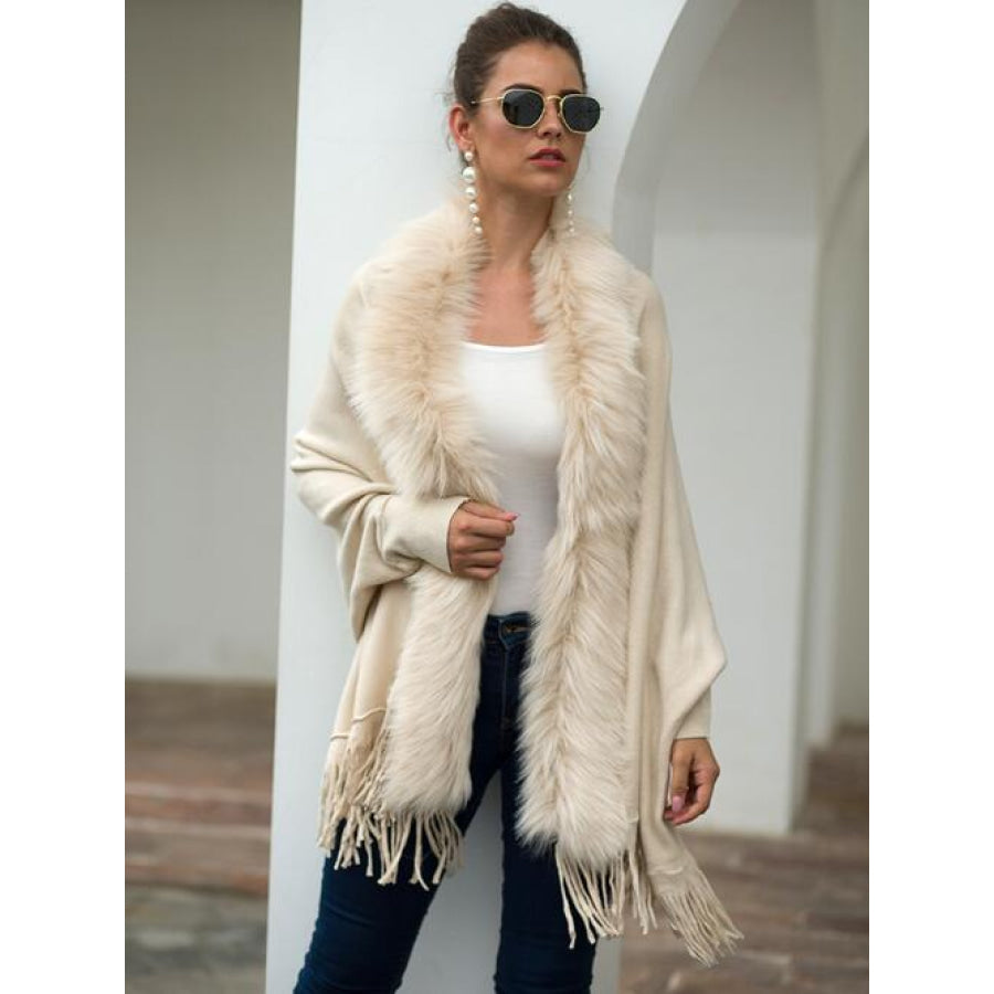 Fringe Open Front Long Sleeve Poncho Clothing
