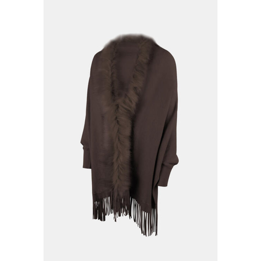 Fringe Open Front Long Sleeve Poncho Clothing