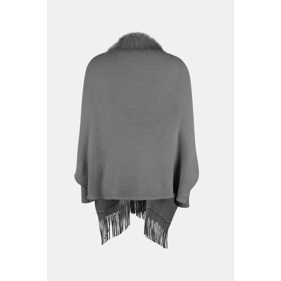 Fringe Open Front Long Sleeve Poncho Clothing