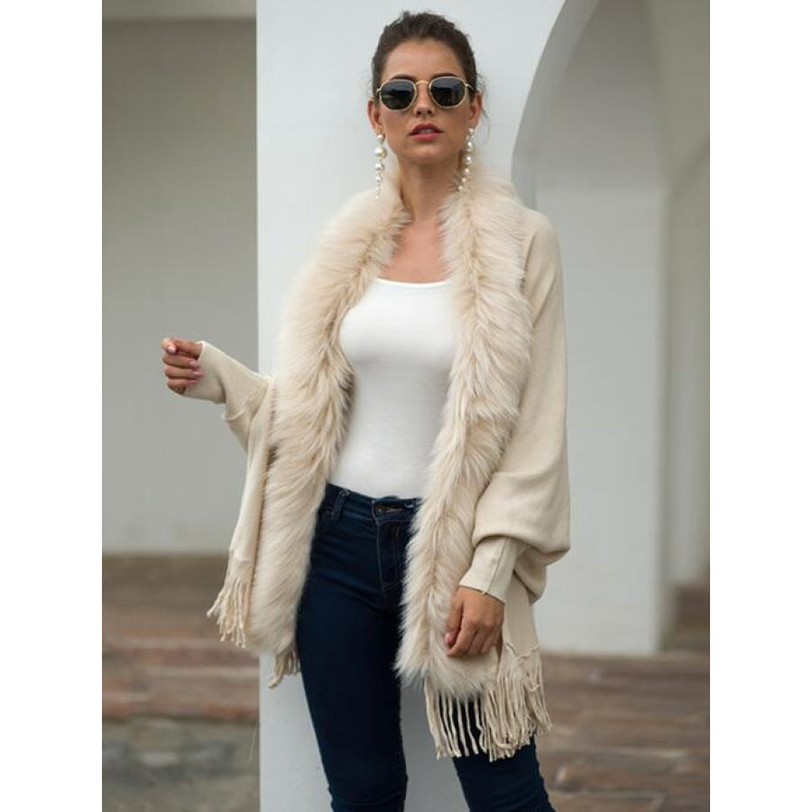 Fringe Open Front Long Sleeve Poncho Clothing