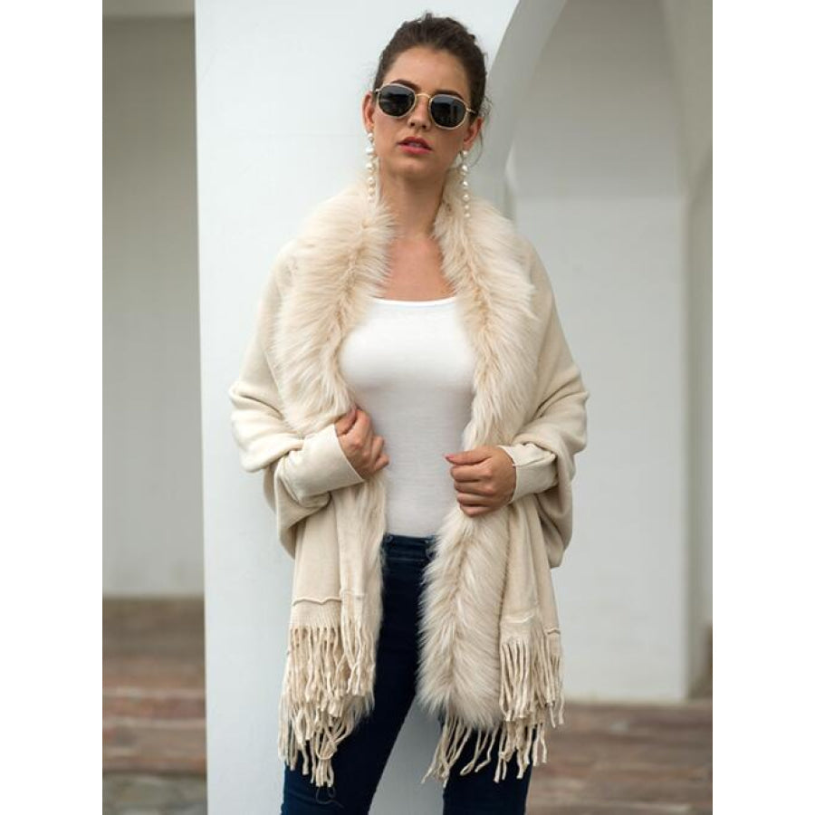 Fringe Open Front Long Sleeve Poncho Ivory / One Size Clothing