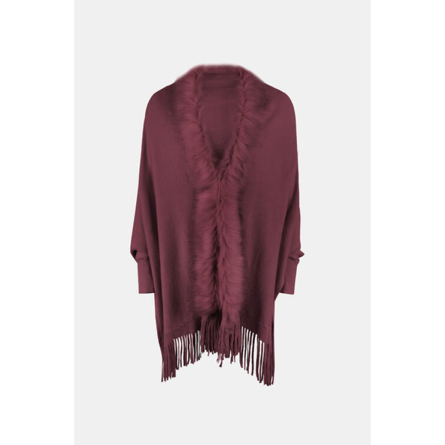 Fringe Open Front Long Sleeve Poncho Wine / One Size Clothing