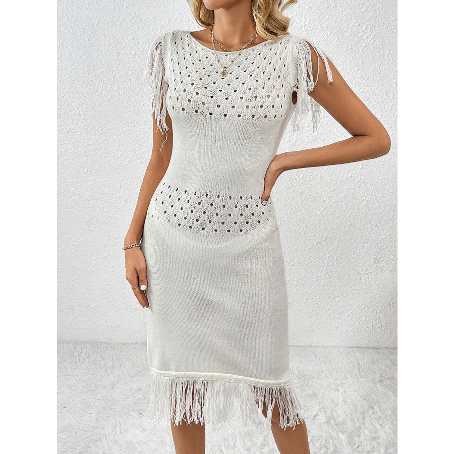 Fringe Openwork Boat Neck Knit Dress Apparel and Accessories