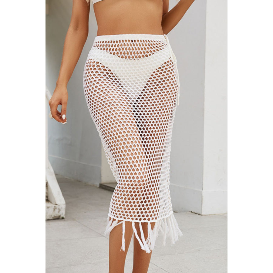 Fringe Openwork High Waist Swim Skirt White / S Apparel and Accessories