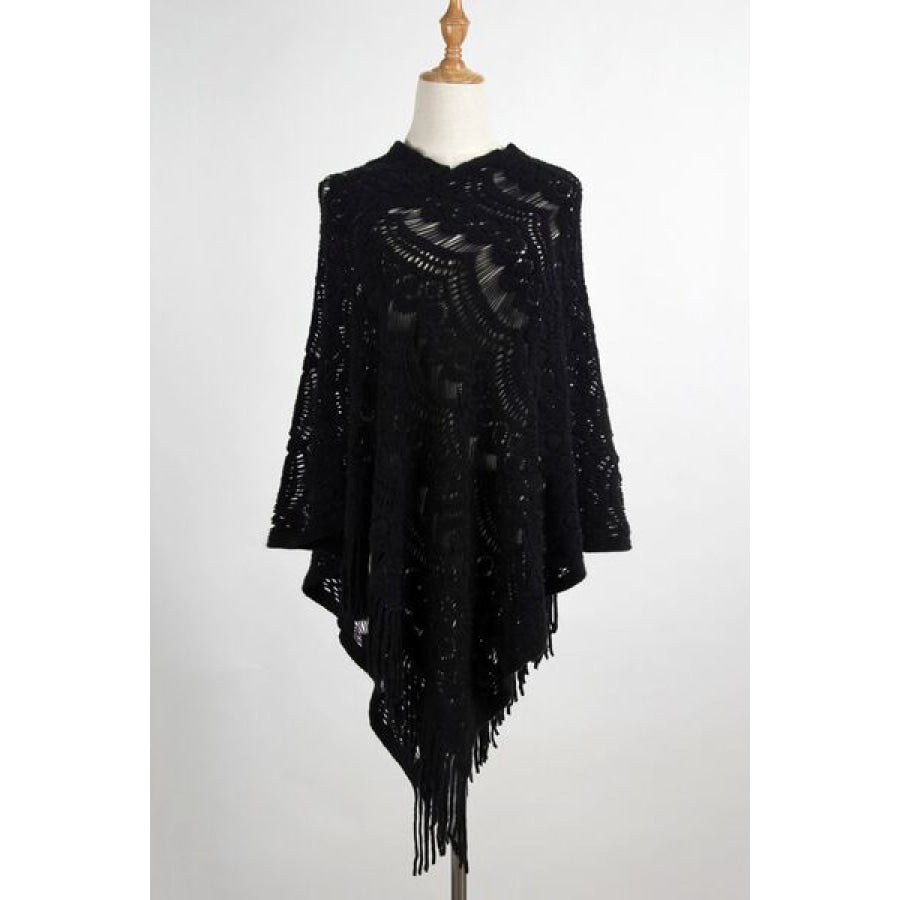 Fringe Openwork Surplice Cape Sleeve Poncho Black / One Size Clothing