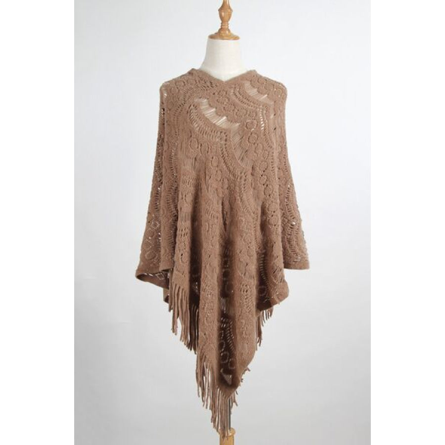 Fringe Openwork Surplice Cape Sleeve Poncho Camel / One Size Clothing