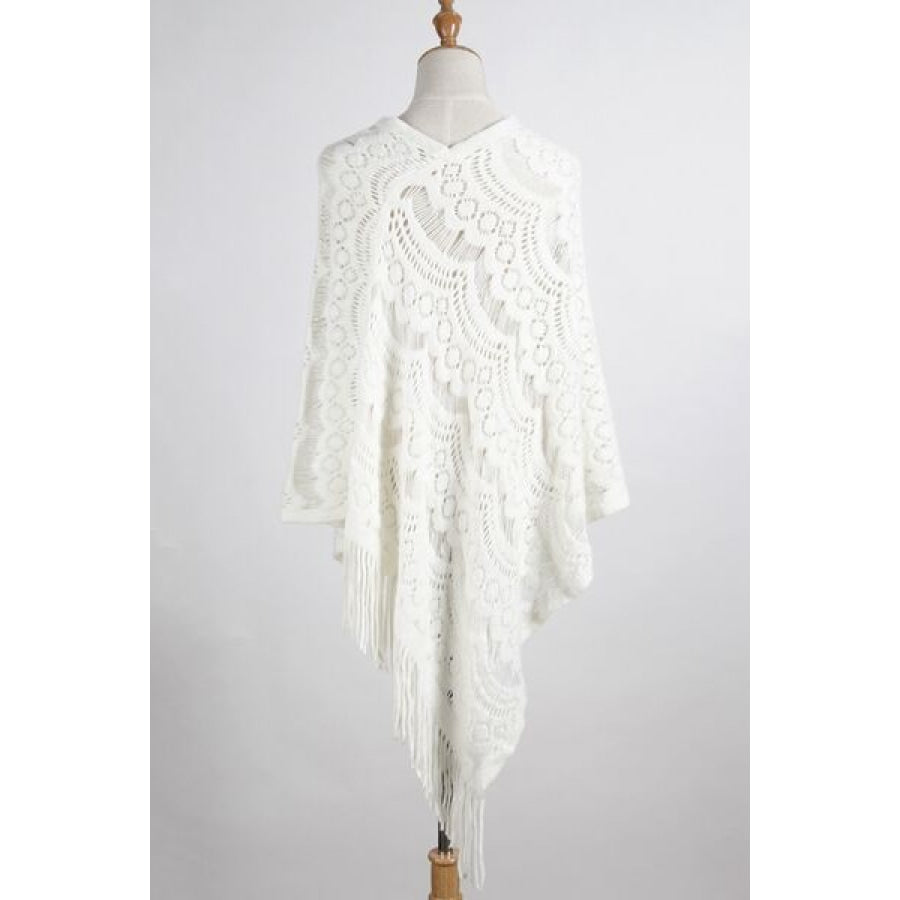 Fringe Openwork Surplice Cape Sleeve Poncho White / One Size Clothing