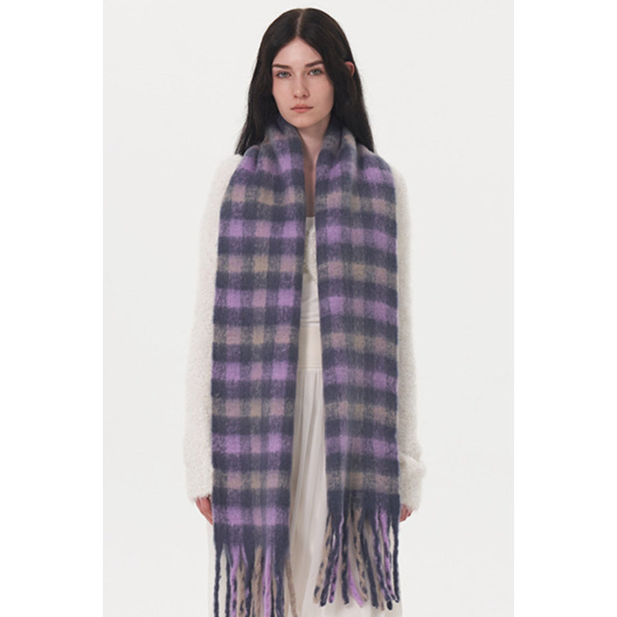 Fringe Plaid Polyester Scarf Lilac / One Size Apparel and Accessories