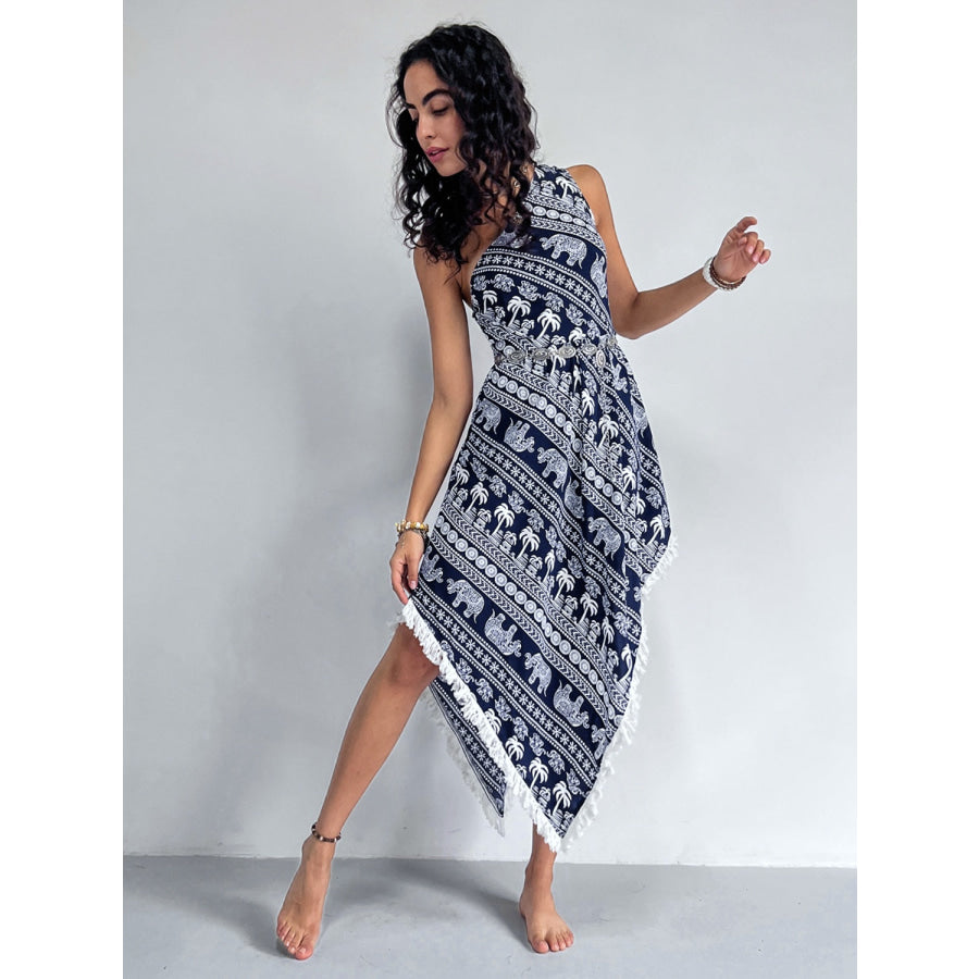 Fringe Printed Single Shoulder Dress Apparel and Accessories