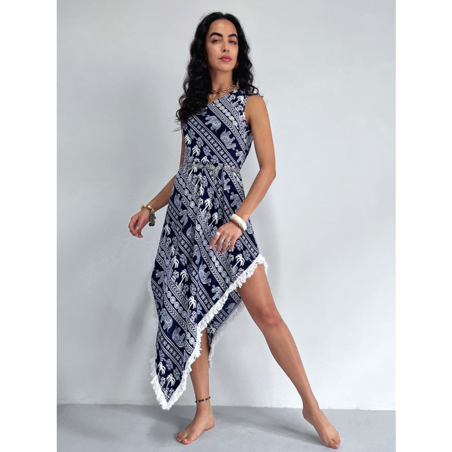 Fringe Printed Single Shoulder Dress Apparel and Accessories
