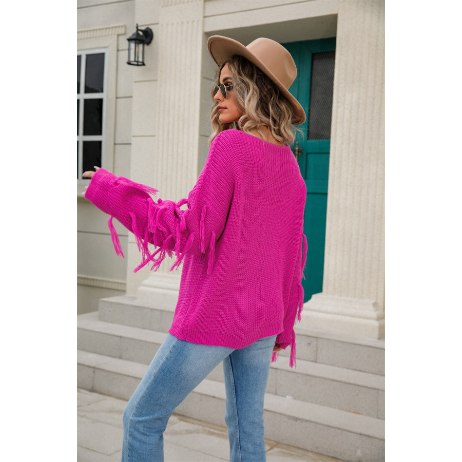 Fringe Round Neck Dropped Shoulder Sweater Apparel and Accessories