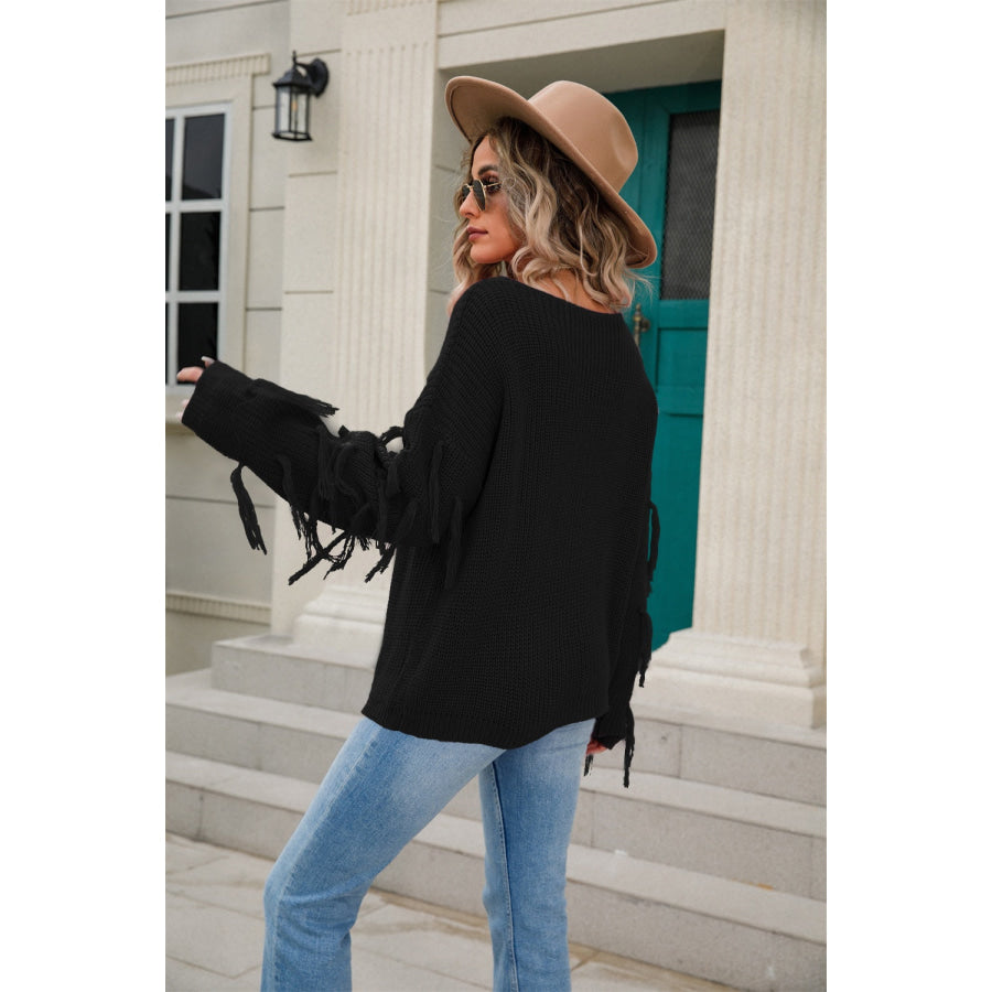 Fringe Round Neck Dropped Shoulder Sweater Apparel and Accessories