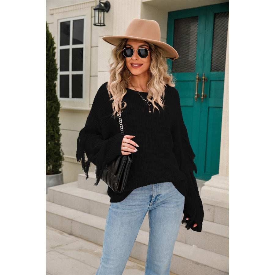 Fringe Round Neck Dropped Shoulder Sweater Apparel and Accessories
