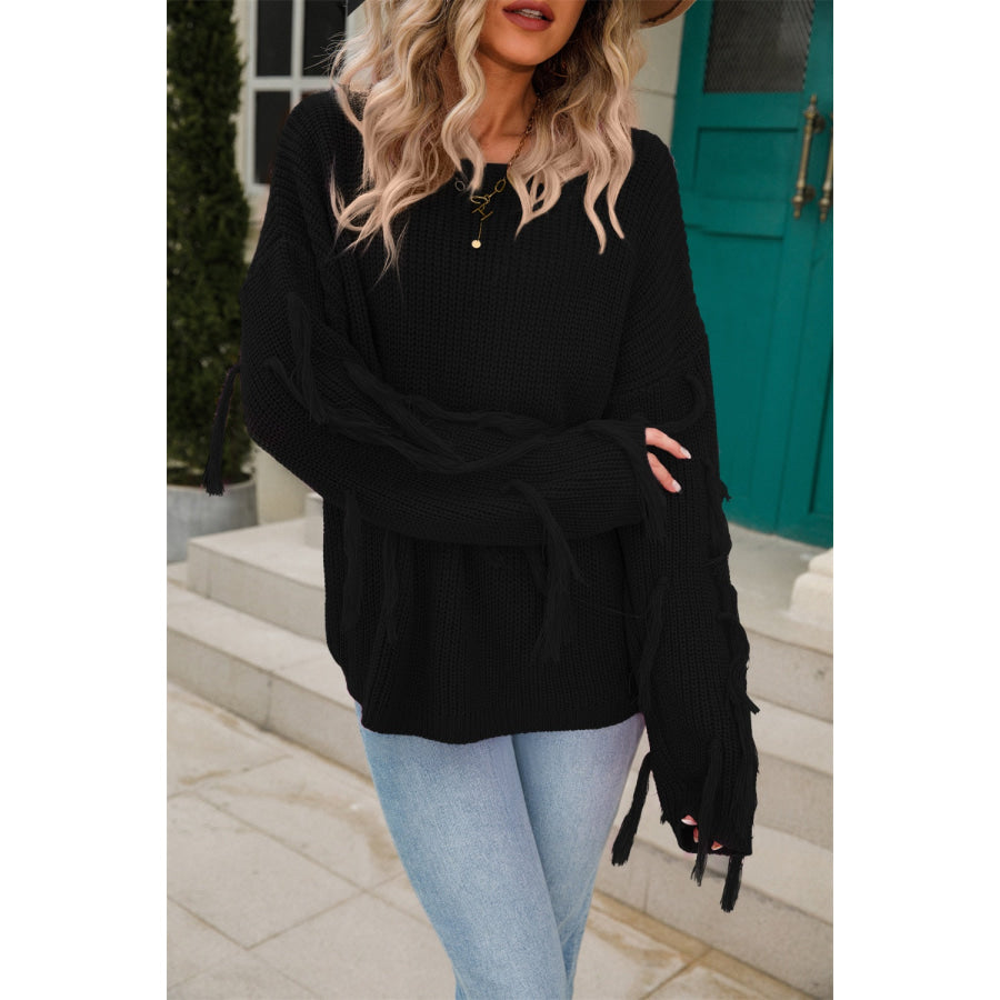 Fringe Round Neck Dropped Shoulder Sweater Apparel and Accessories