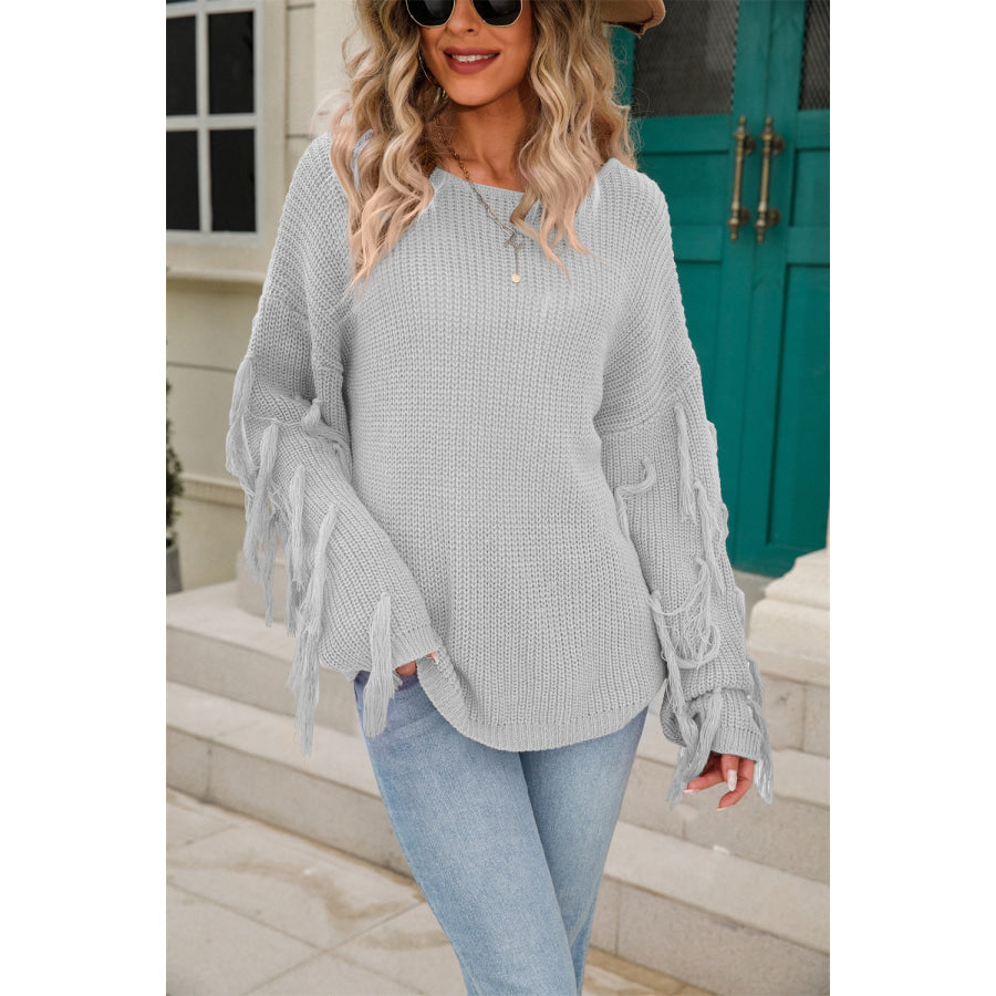 Fringe Round Neck Dropped Shoulder Sweater Apparel and Accessories