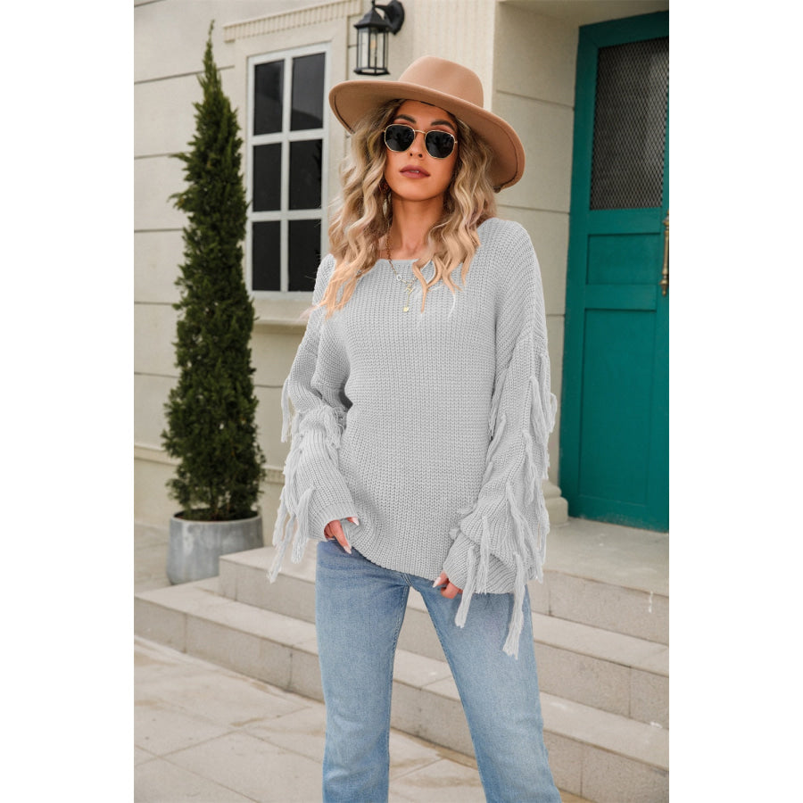 Fringe Round Neck Dropped Shoulder Sweater Apparel and Accessories