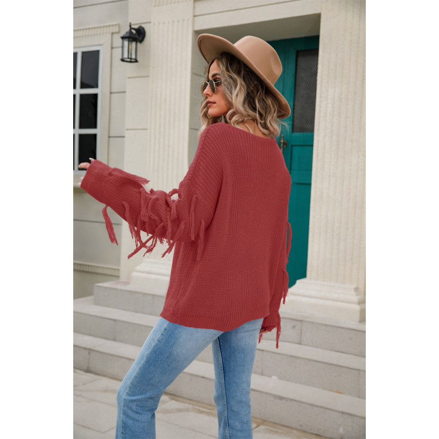 Fringe Round Neck Dropped Shoulder Sweater Apparel and Accessories