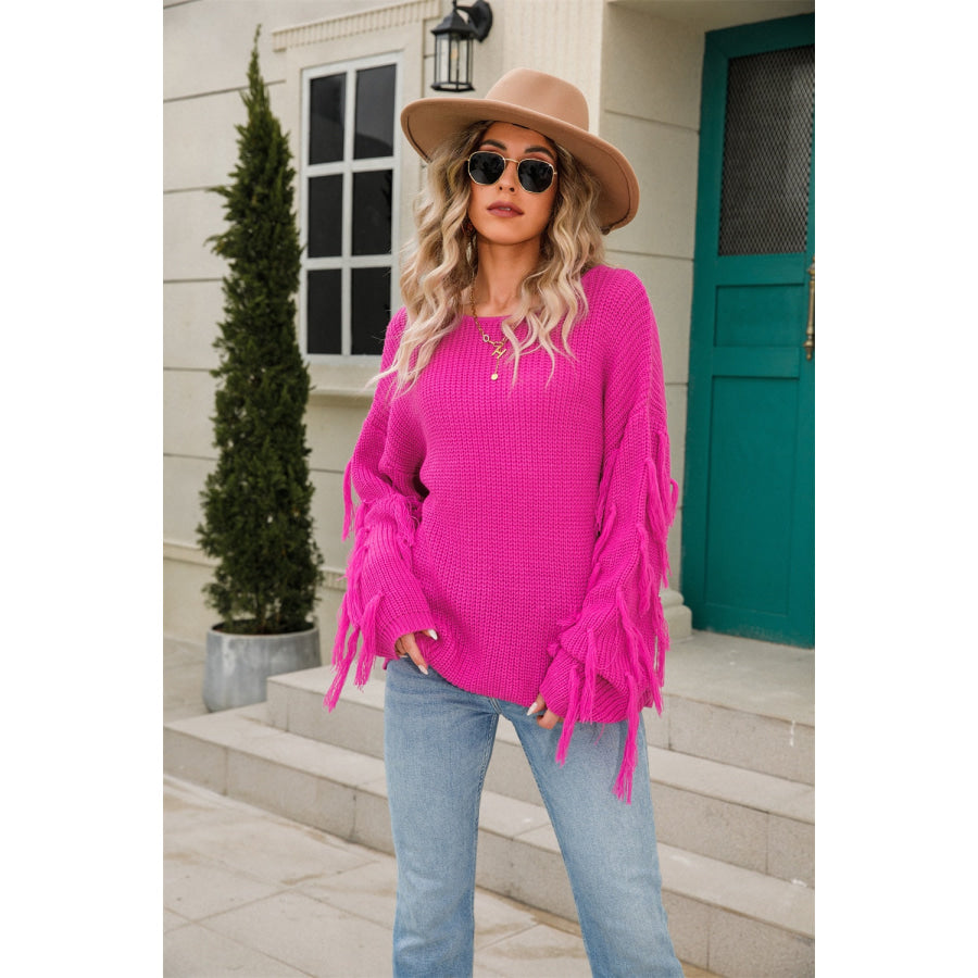 Fringe Round Neck Dropped Shoulder Sweater Apparel and Accessories