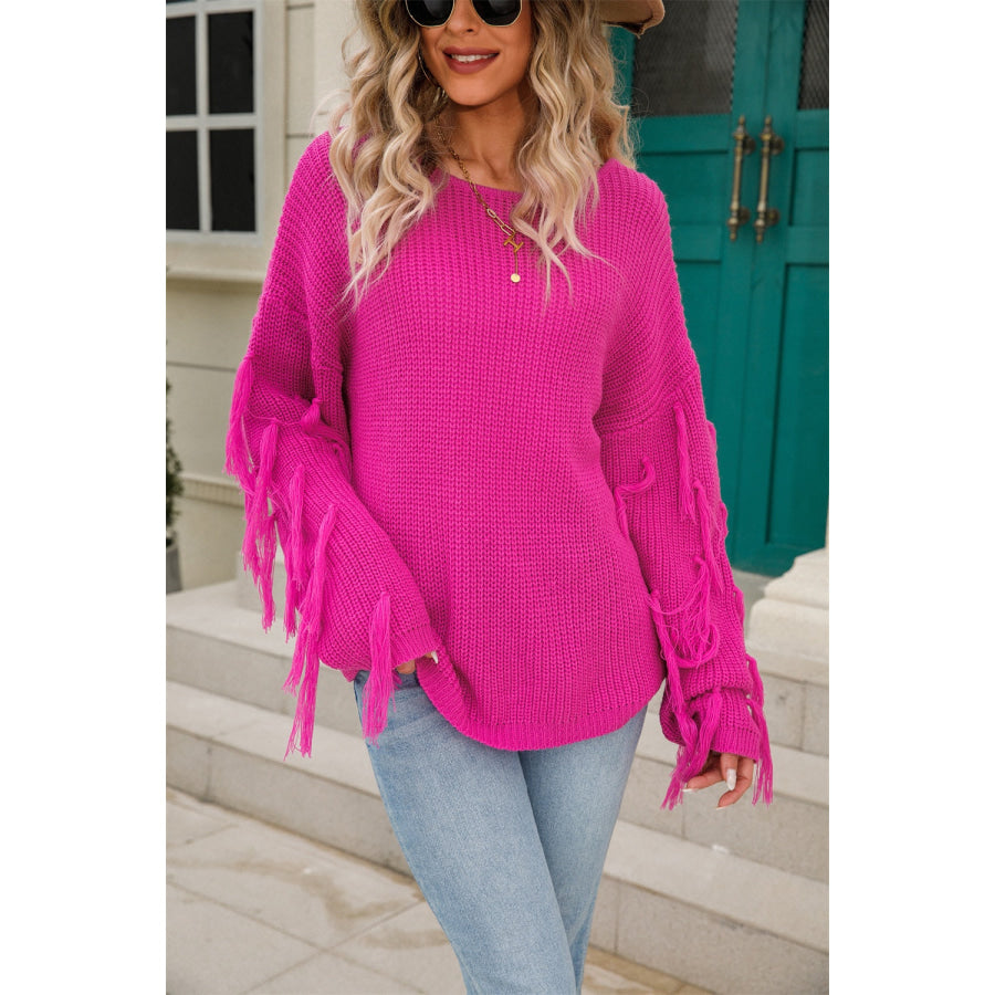 Fringe Round Neck Dropped Shoulder Sweater Apparel and Accessories