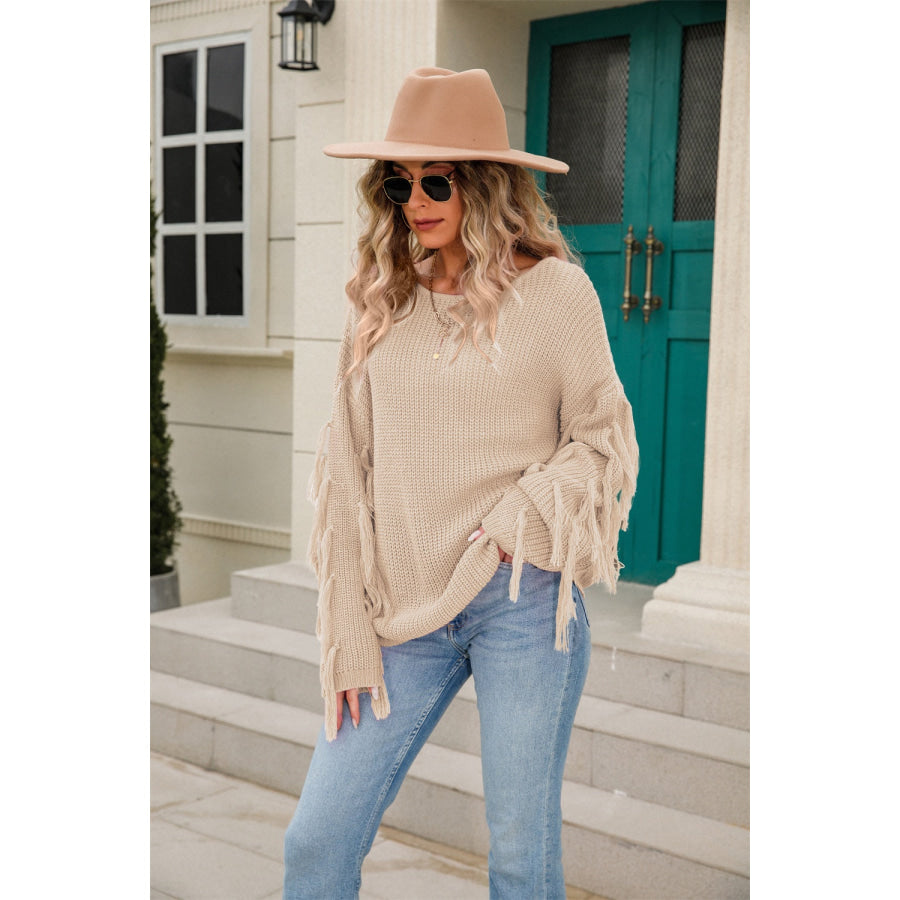 Fringe Round Neck Dropped Shoulder Sweater Apparel and Accessories