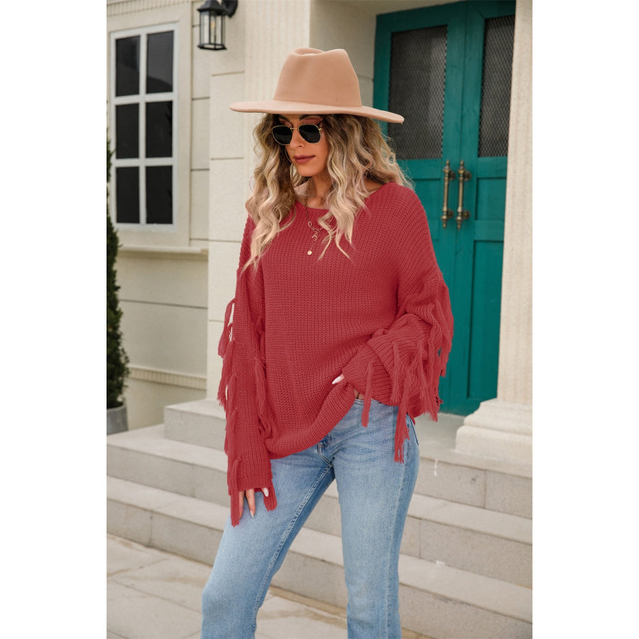 Fringe Round Neck Dropped Shoulder Sweater Apparel and Accessories