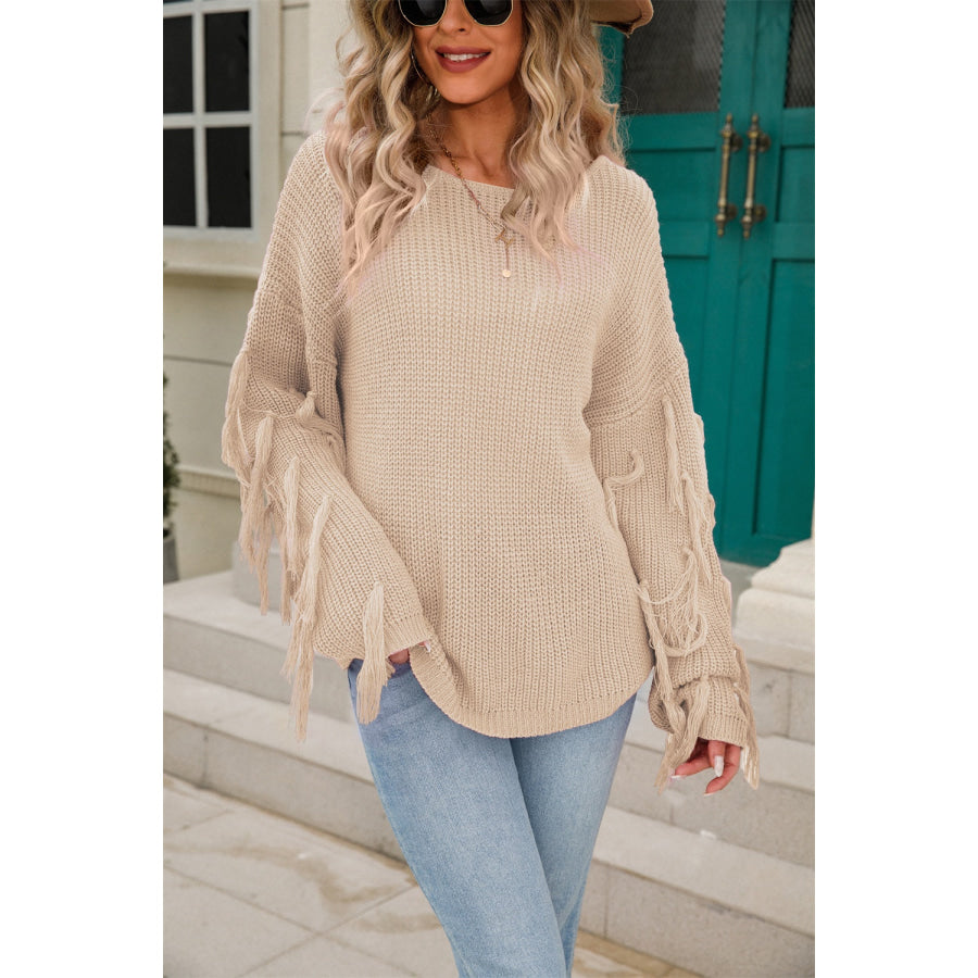 Fringe Round Neck Dropped Shoulder Sweater Sand / S Apparel and Accessories