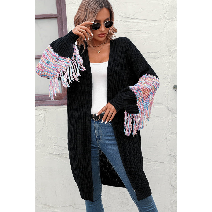 Fringe Sleeve Dropped Shoulder Cardigan Black / S