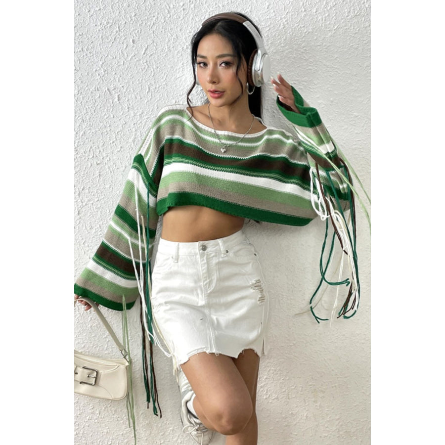 Fringe Striped Round Neck Knit Top Apparel and Accessories