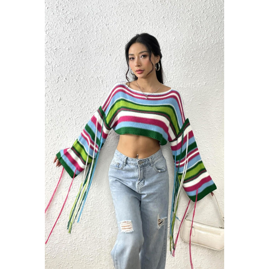 Fringe Striped Round Neck Knit Top Apparel and Accessories