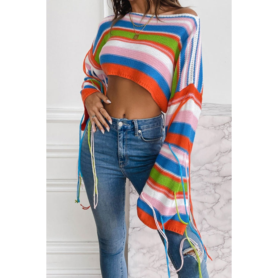 Fringe Striped Round Neck Knit Top Apparel and Accessories