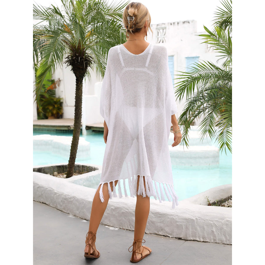 Fringe Trim Dolman Sleeve Openwork Cover-Up White / One Size