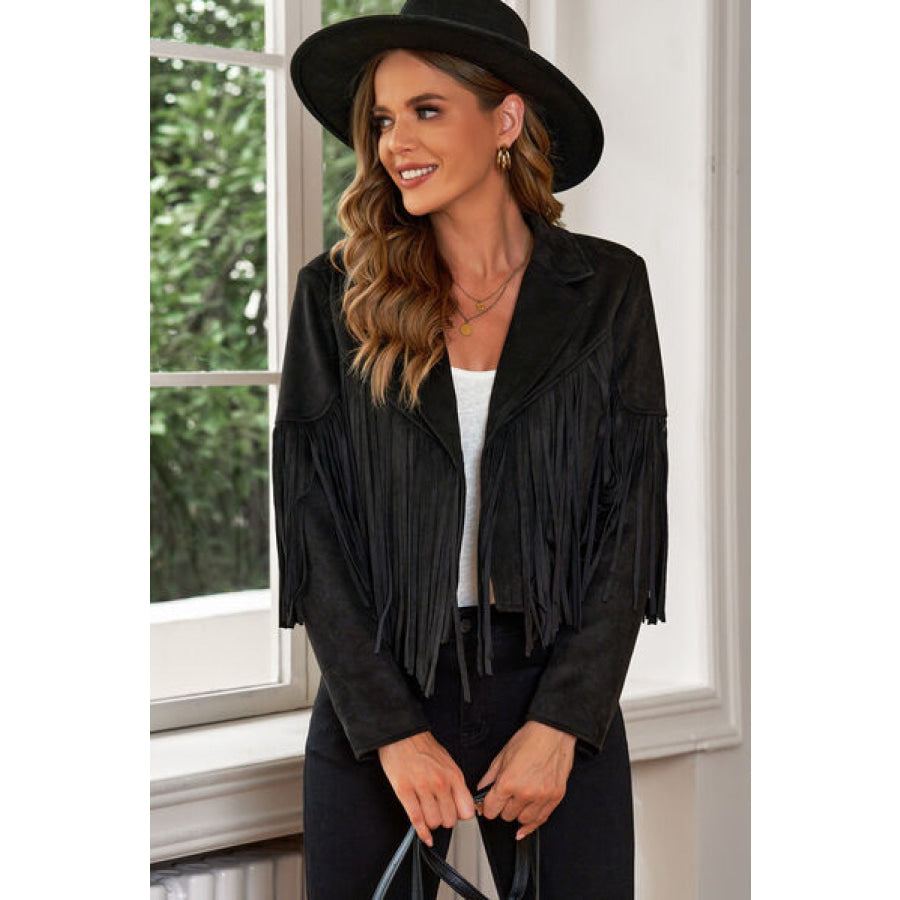 Fringe Trim Lapel Collar Cropped Blazer Black / S Clothing