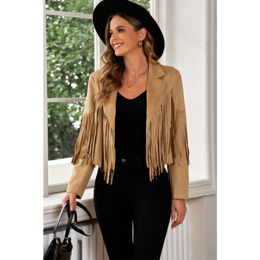 Fringe Trim Lapel Collar Cropped Blazer Camel / S Clothing