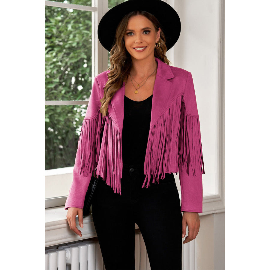 Fringe Trim Lapel Collar Cropped Blazer Cerise / XL Clothing