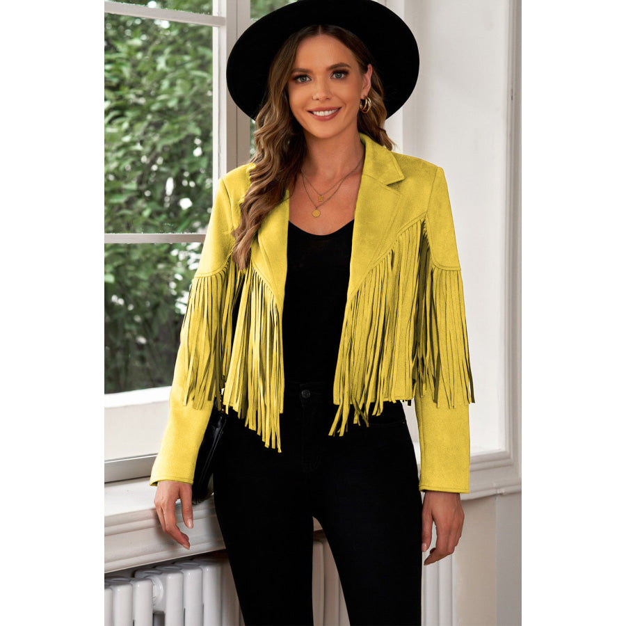 Fringe Trim Lapel Collar Cropped Blazer Chartreuse / L Clothing