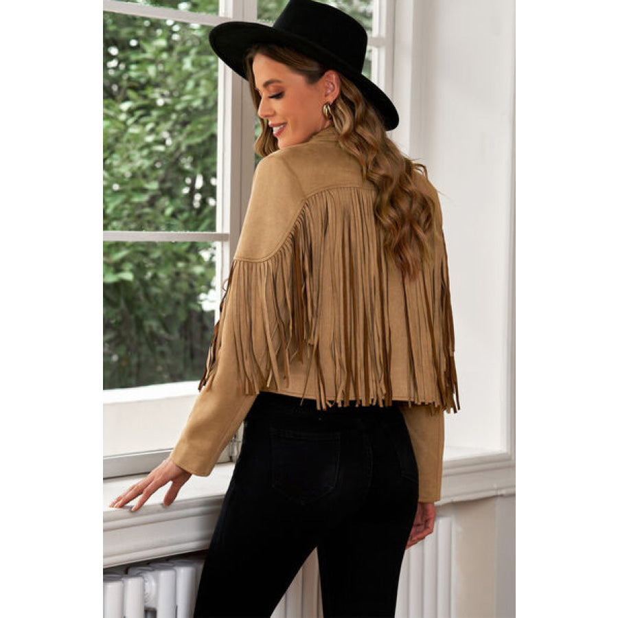 Fringe Trim Lapel Collar Cropped Blazer Clothing