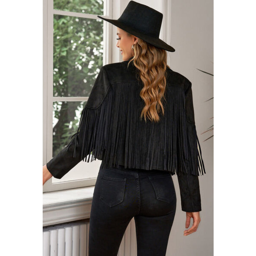 Fringe Trim Lapel Collar Cropped Blazer Clothing