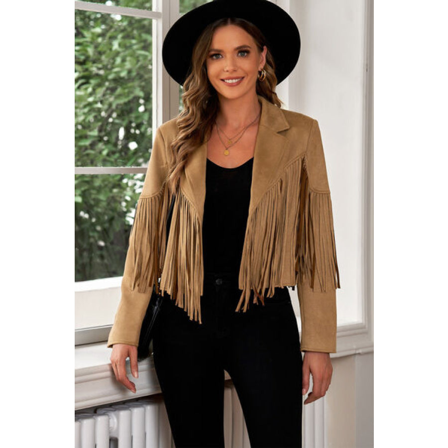 Fringe Trim Lapel Collar Cropped Blazer Clothing