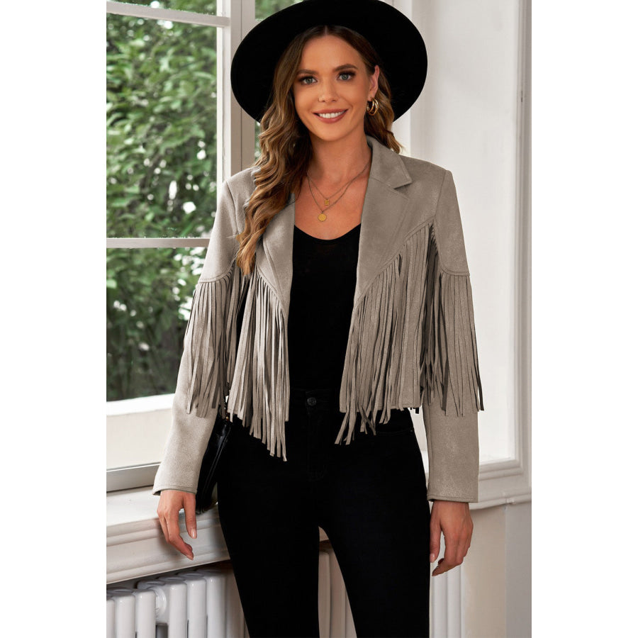Fringe Trim Lapel Collar Cropped Blazer Heather Gray / S Clothing