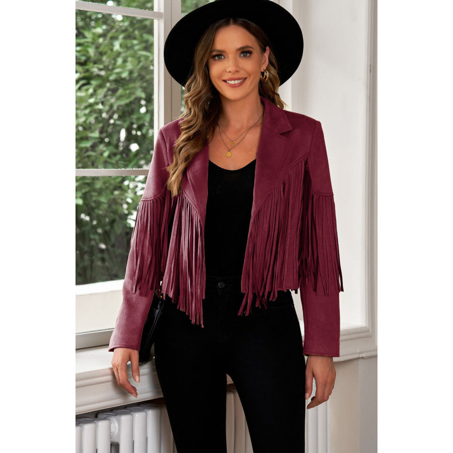 Fringe Trim Lapel Collar Cropped Blazer Magenta / M Clothing