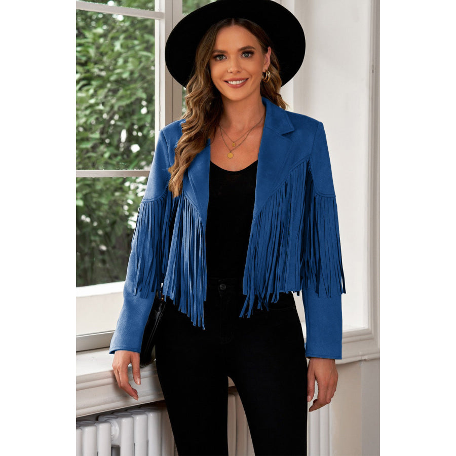 Fringe Trim Lapel Collar Cropped Blazer Navy / S Clothing
