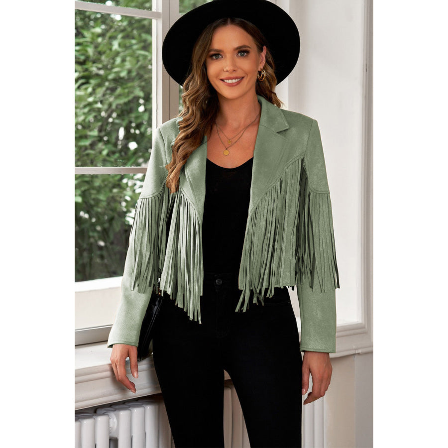 Fringe Trim Lapel Collar Cropped Blazer Sage / 2XL Clothing