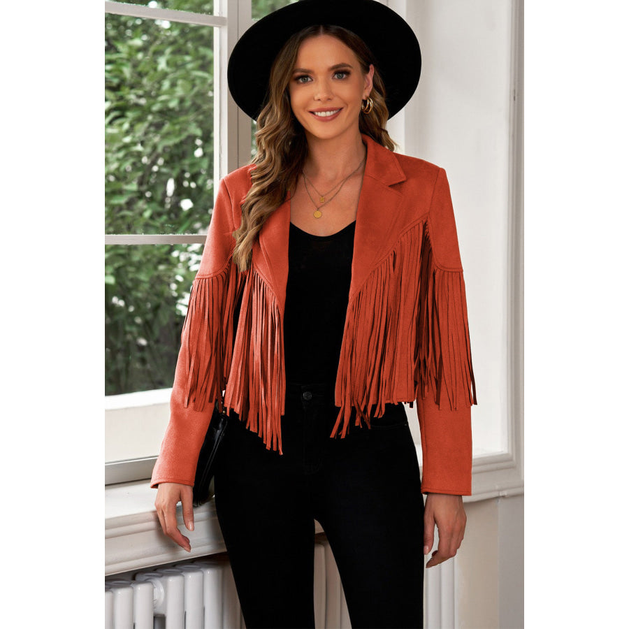 Fringe Trim Lapel Collar Cropped Blazer Scarlet / M Clothing