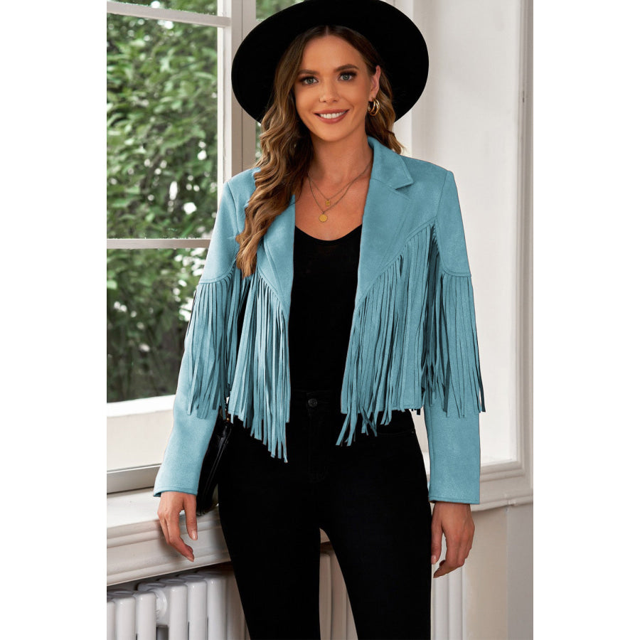 Fringe Trim Lapel Collar Cropped Blazer Turquoise / L Clothing