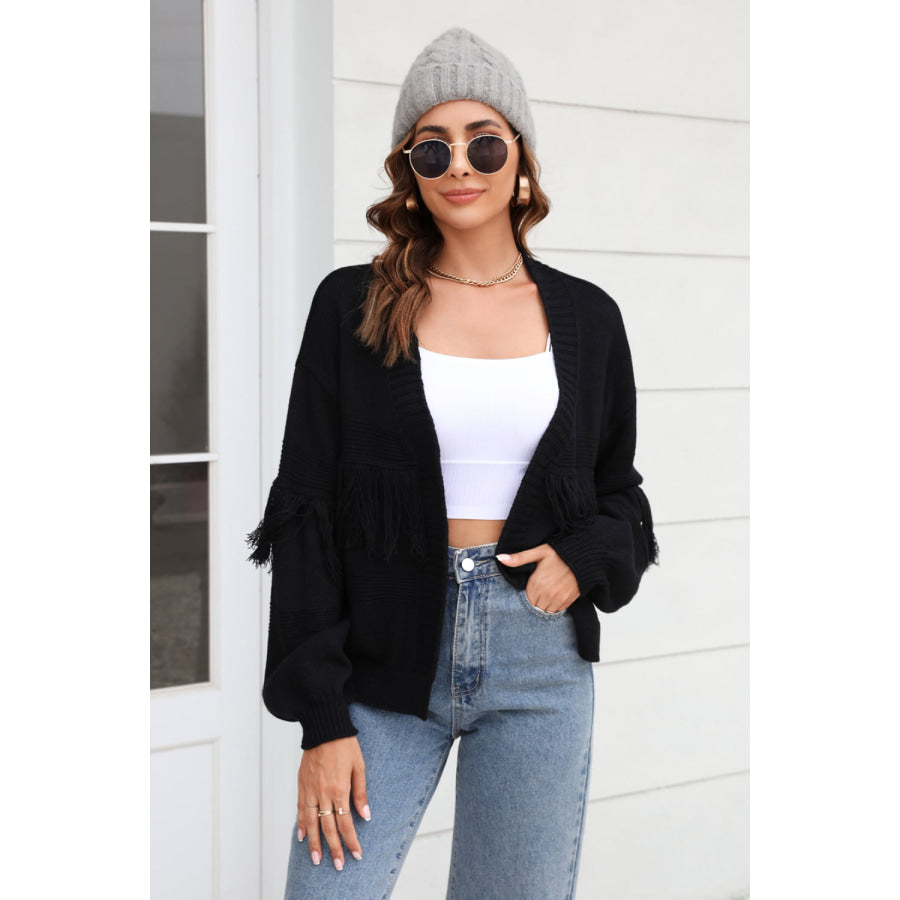 Fringe Trim Open Front Cardigan Black / S