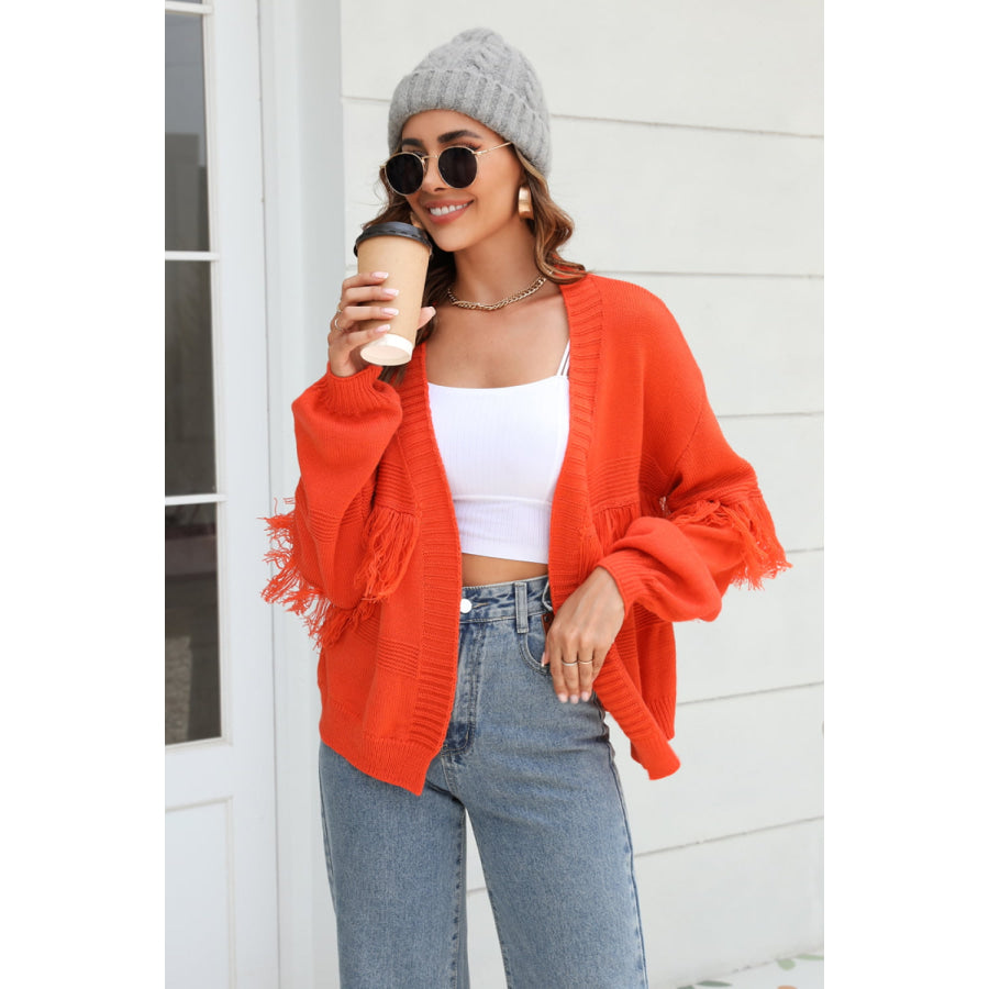 Fringe Trim Open Front Cardigan