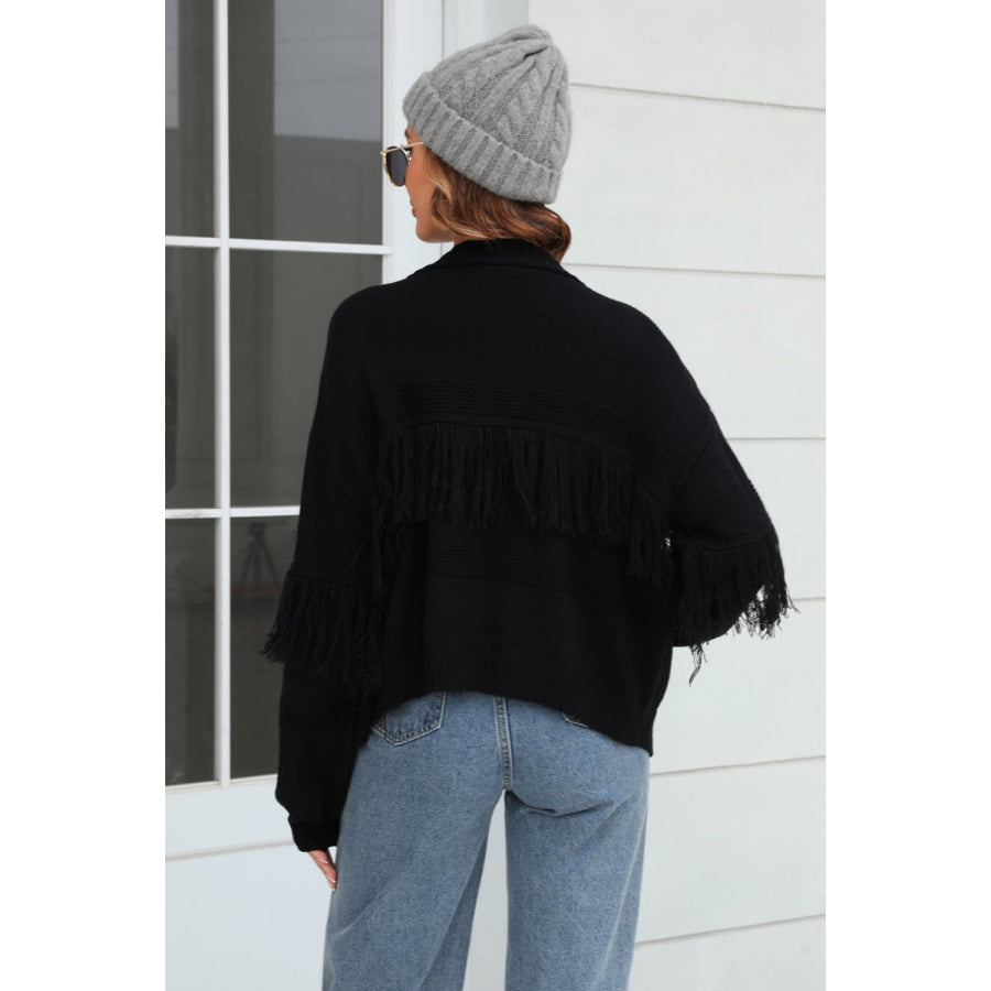 Fringe Trim Open Front Cardigan