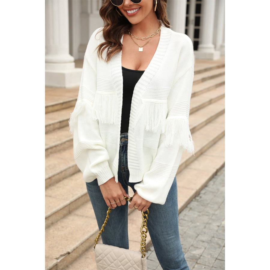 Fringe Trim Open Front Cardigan White / S