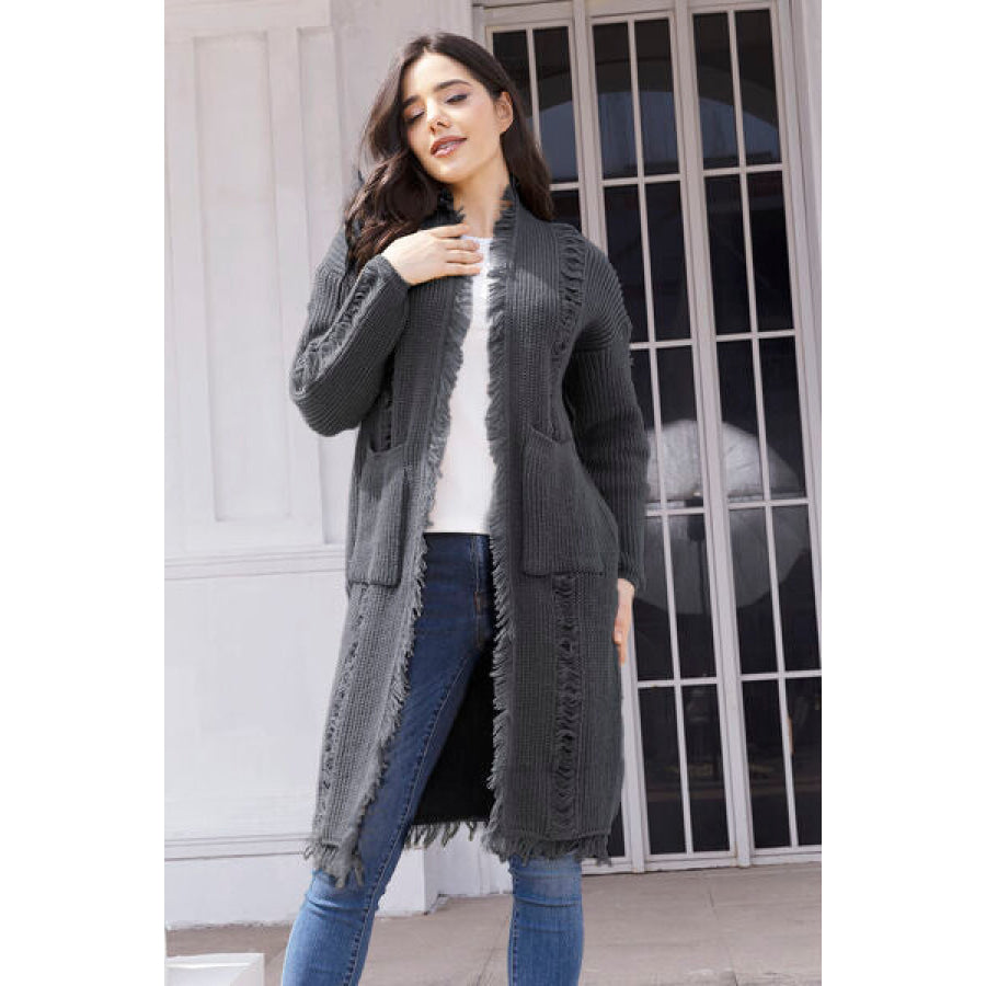 Fringe Trim Open Front Cardigan with Pockets Charcoal / S Clothing