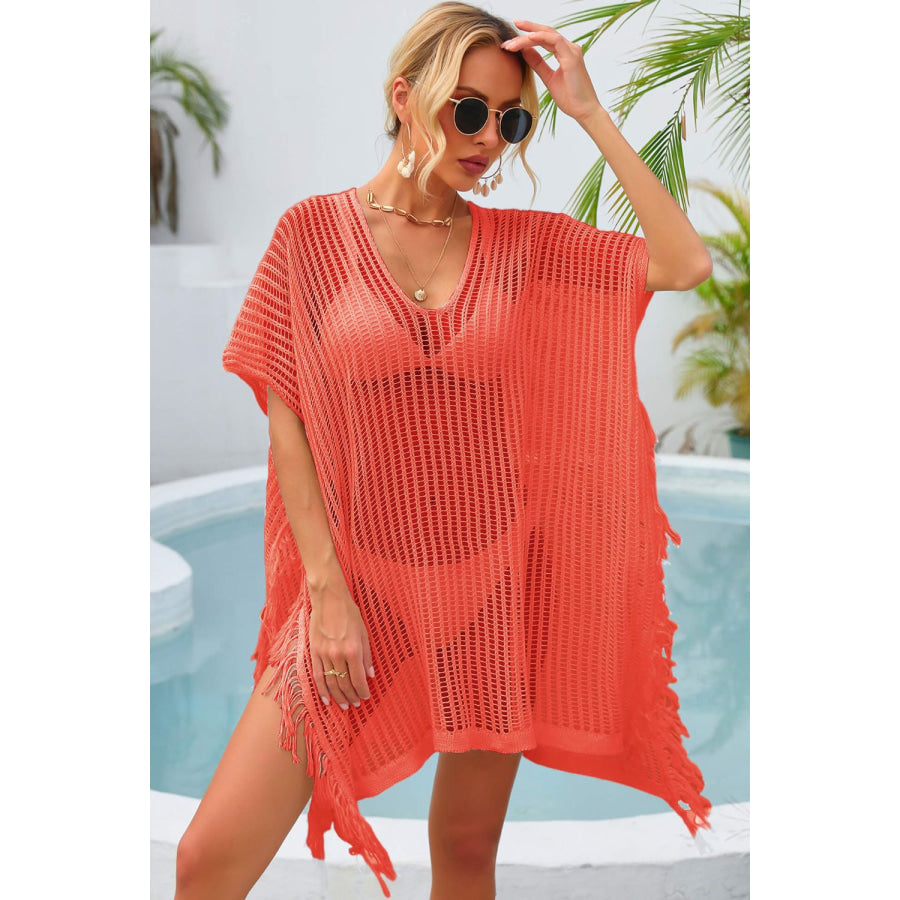 Fringe Trim Openwork Cover Up Safety Orange / One Size